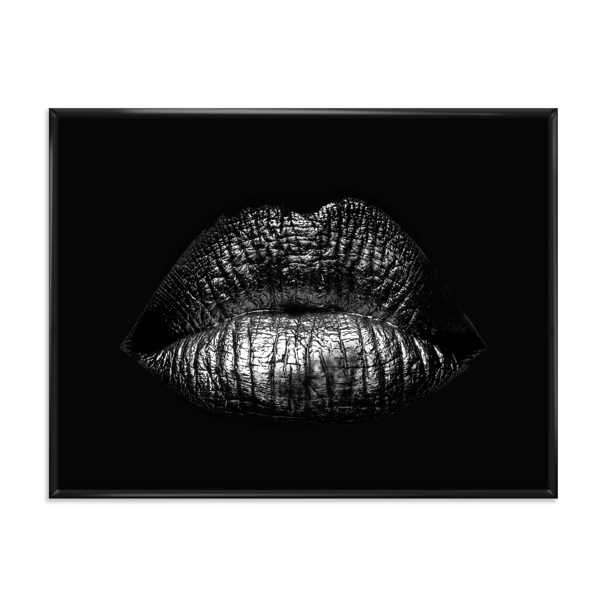 Designart 'Sexy Golden Metallized Woman Lips I' Modern Framed Canvas Wall Art Print