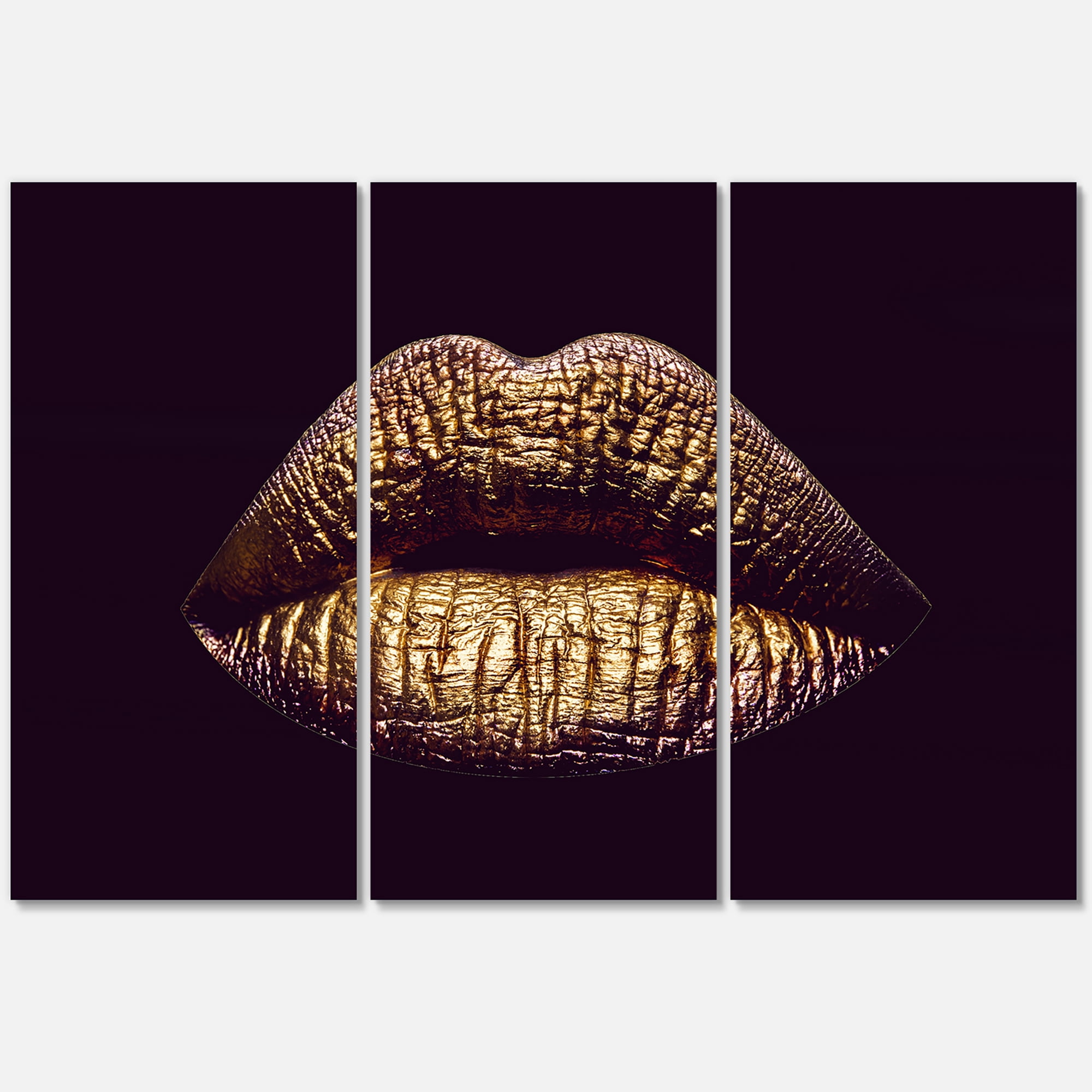 Designart ' Sexy Golden Metallized Woman Lips II ' Modern Canvas Wall Art Print