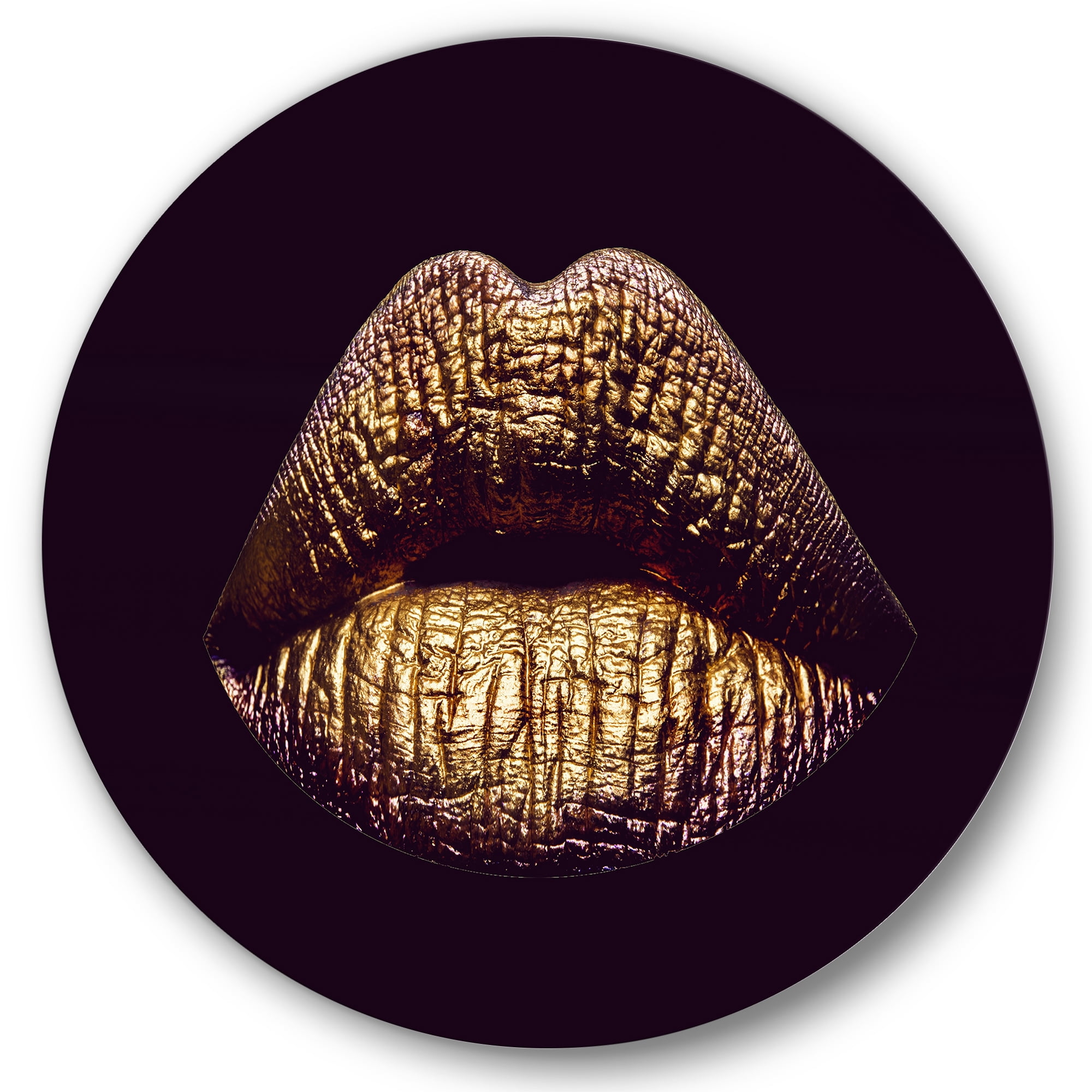 Designart 'Sexy Golden Metallized Woman Lips II' Modern Circle Metal Wall Art 11x11 - Disc of 11