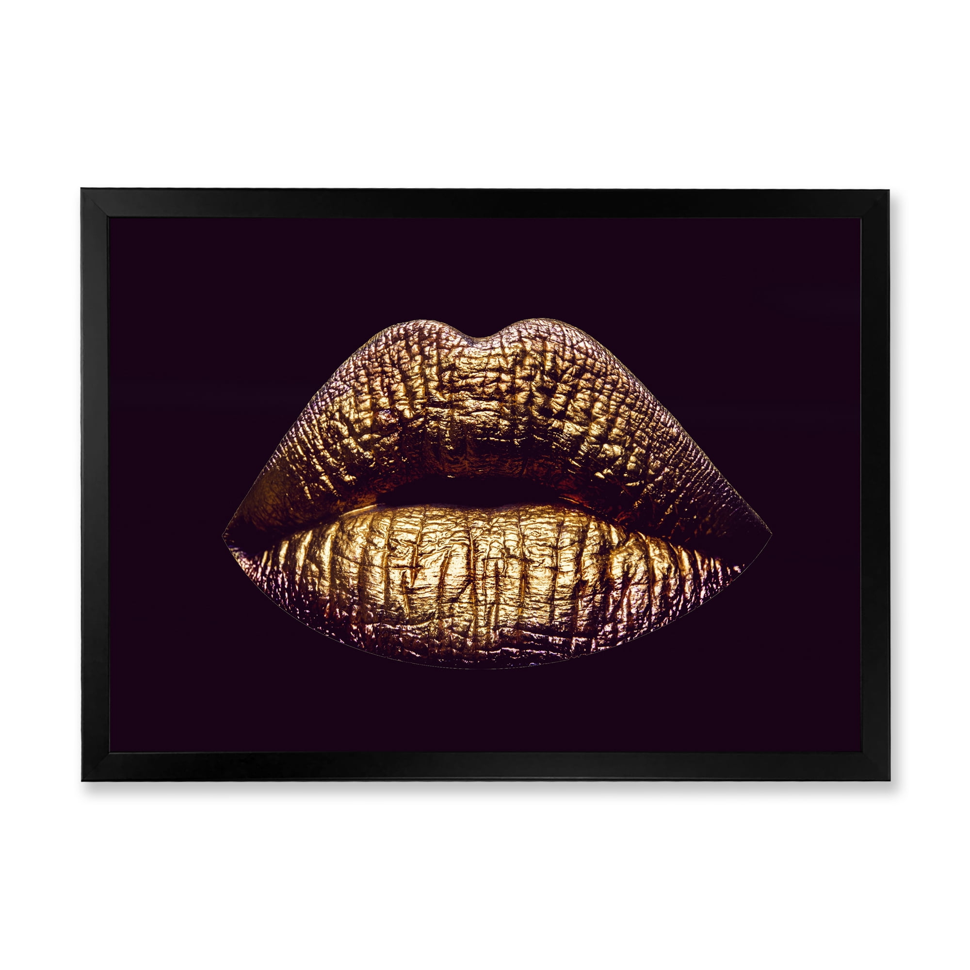 Designart 'Sexy Golden Metallized Woman Lips II' Modern Framed Art Print