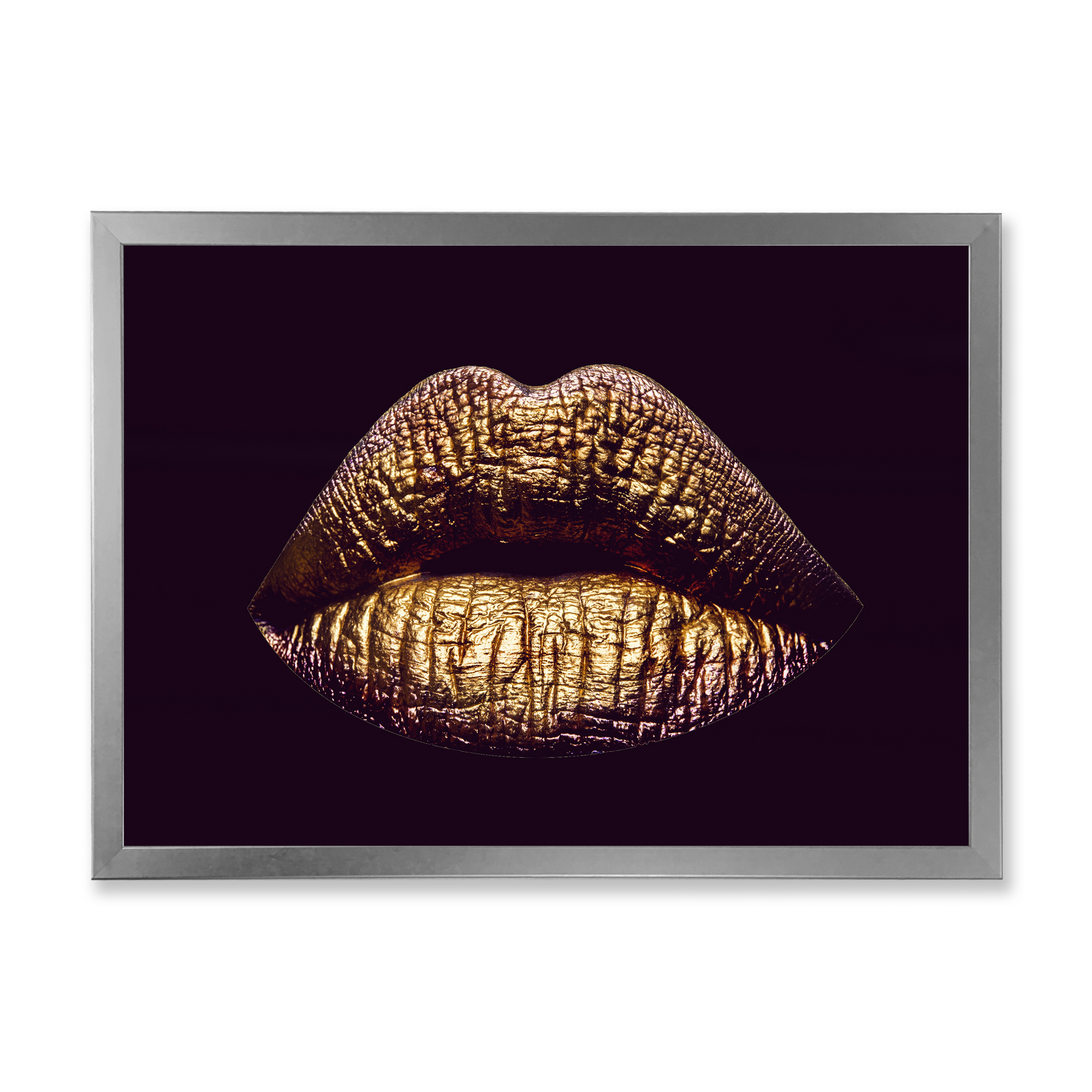Designart 'Sexy Golden Metallized Woman Lips II' Modern Framed Art Print