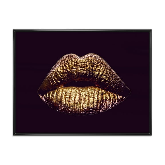 Designart 'Sexy Golden Metallized Woman Lips II' Modern Framed Canvas Wall Art Print