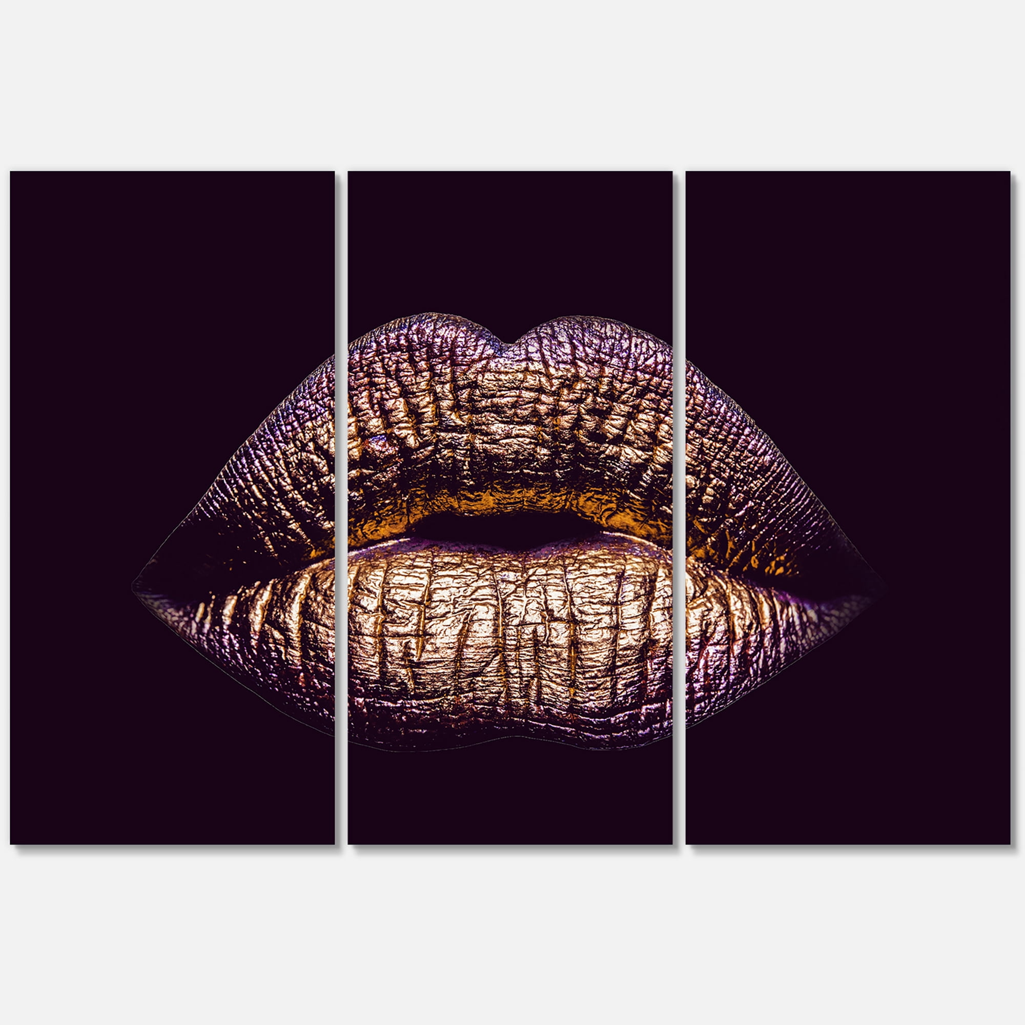 Designart ' Sexy Golden Metallized Woman Lips III ' Modern Canvas Wall Art Print