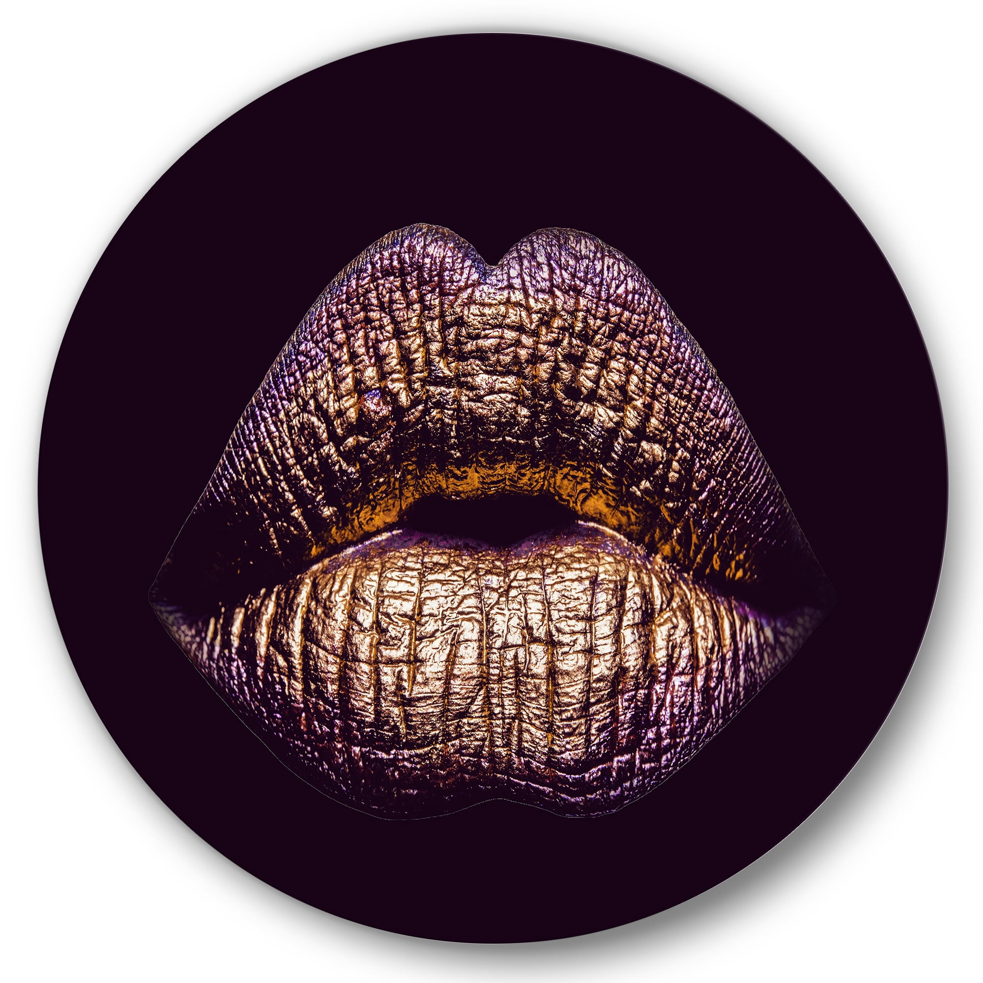 Designart 'Sexy Golden Metallized Woman Lips III' Modern Circle Metal Wall Art 29x29 - Disc of 29