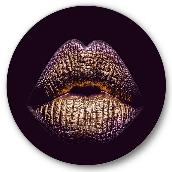 Designart 'Sexy Golden Metallized Woman Lips III' Modern Circle Metal Wall Art 29x29 - Disc of 29