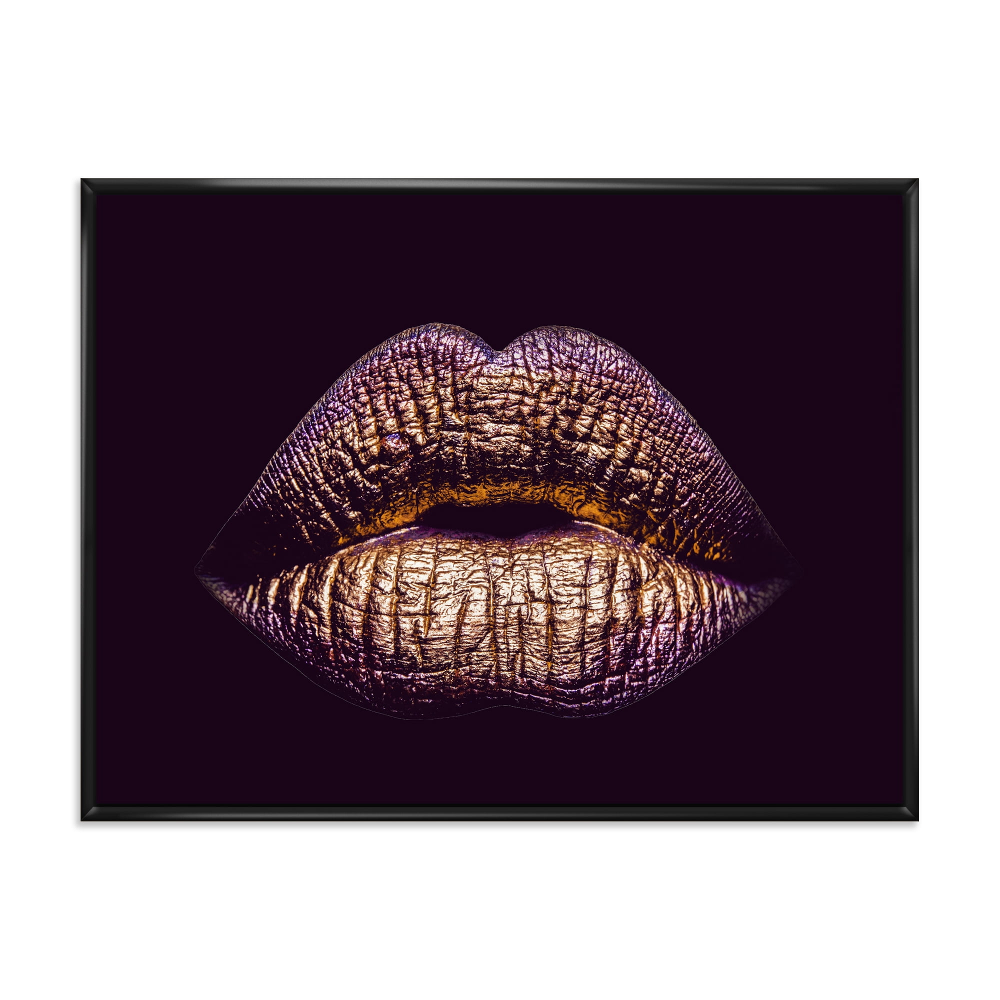 Designart 'Sexy Golden Metallized Woman Lips III' Modern Framed Canvas Wall Art Print