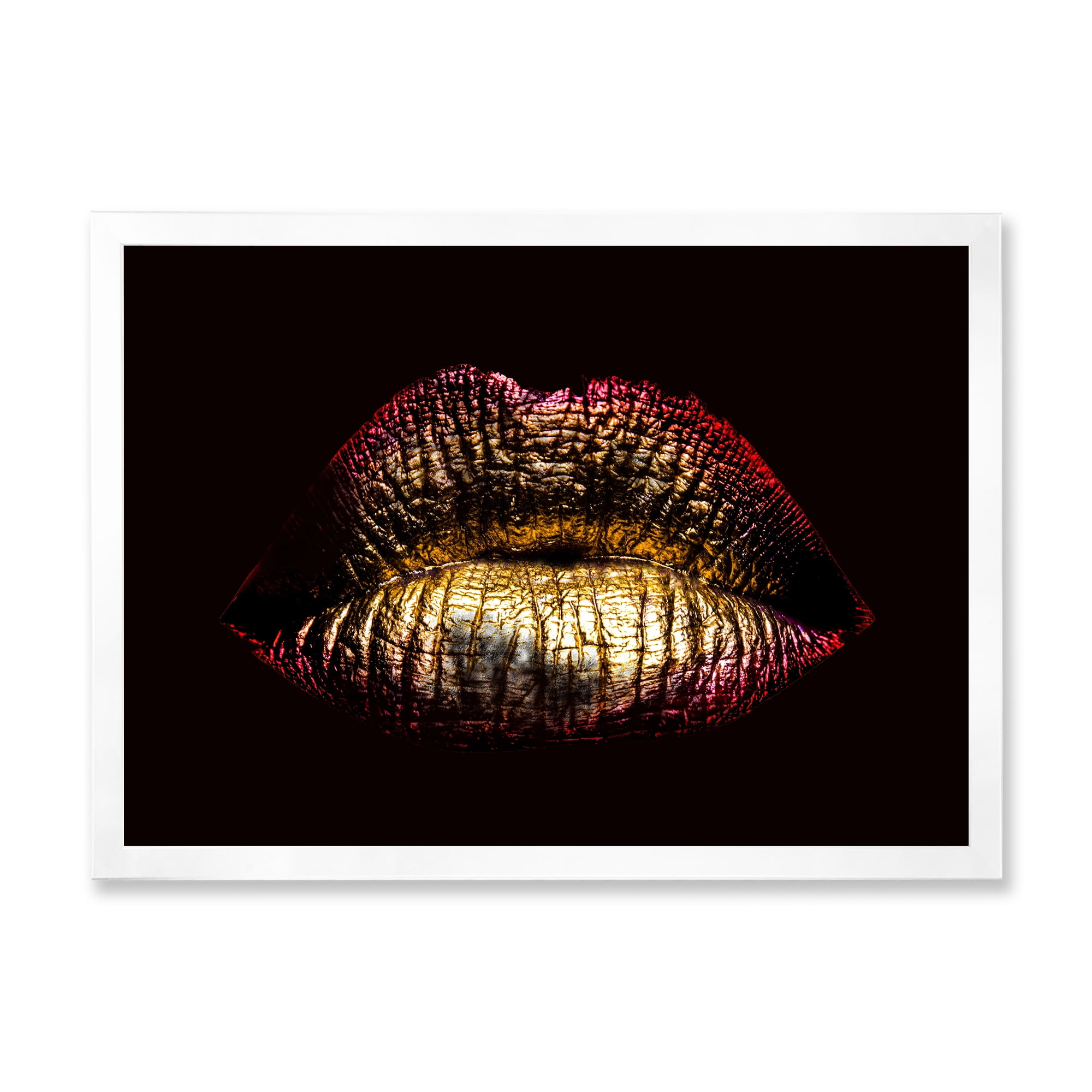 Designart 'Sexy Golden Metallized Woman Lips IV' Modern Framed Art Print