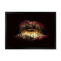 Designart 'Sexy Golden Metallized Woman Lips IV' Modern Framed Art Print