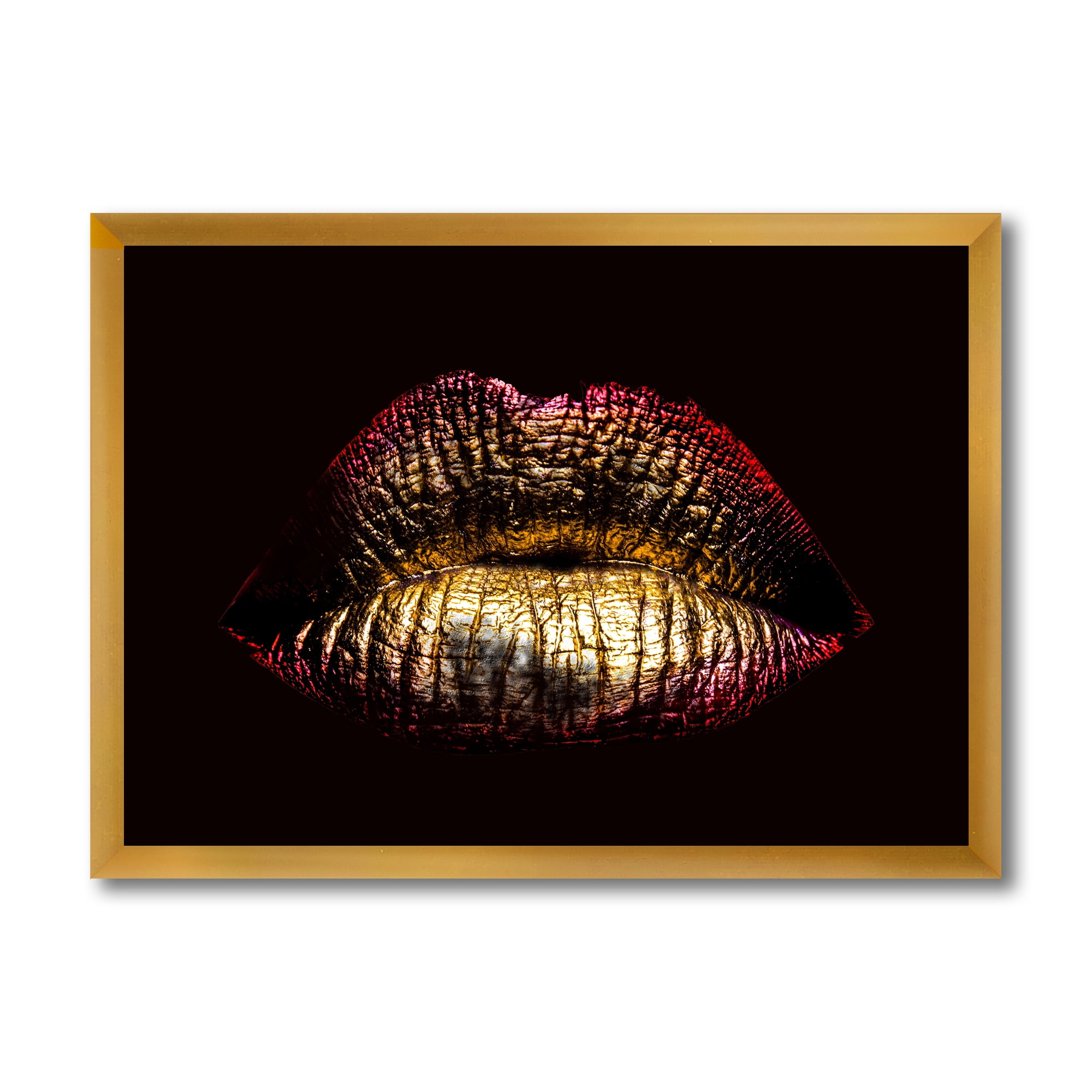 Designart 'Sexy Golden Metallized Woman Lips IV' Modern Framed Art Print