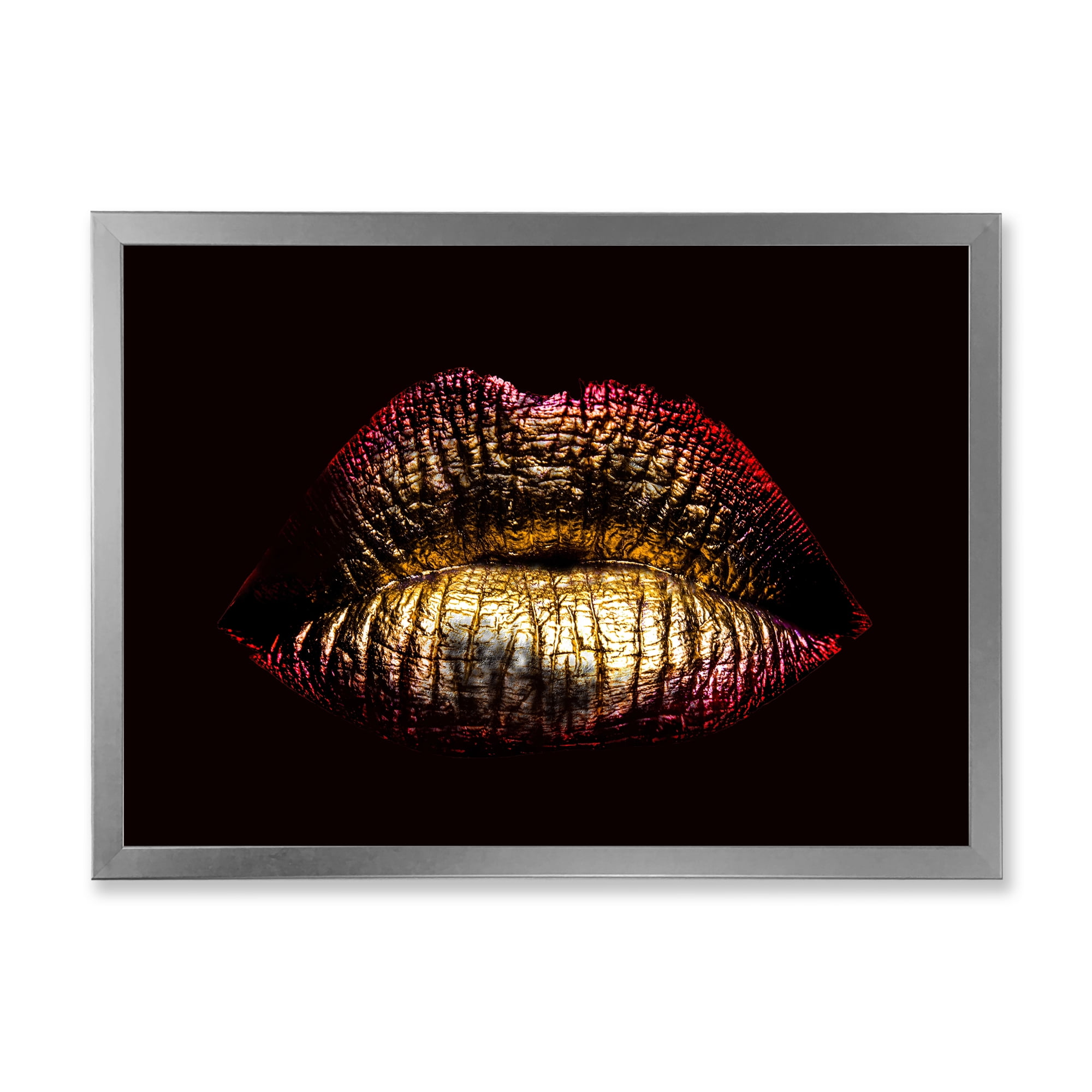 Designart 'Sexy Golden Metallized Woman Lips IV' Modern Framed Art Print