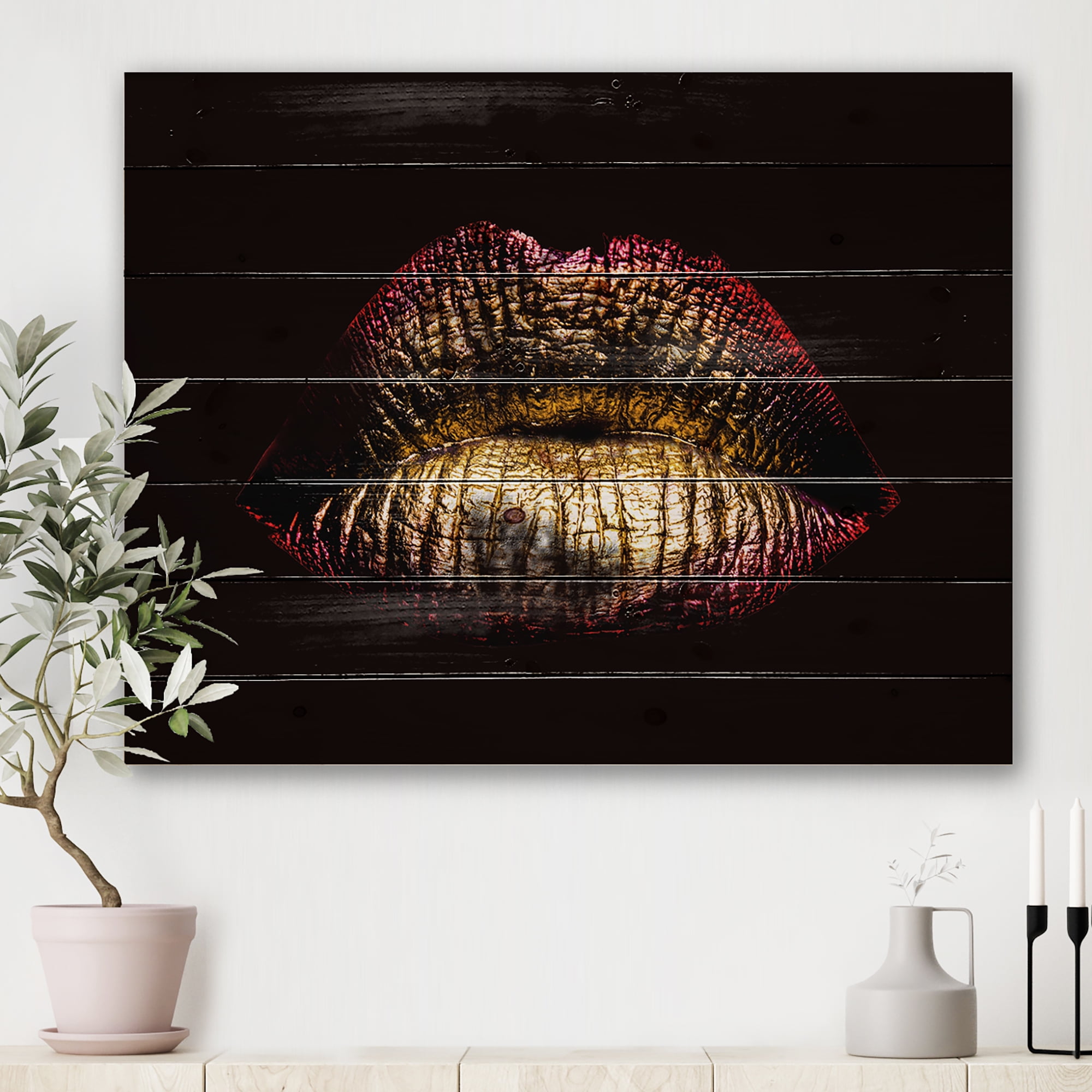Designart 'Sexy Golden Metallized Woman Lips IV' Modern Print on Natural Pine Wood
