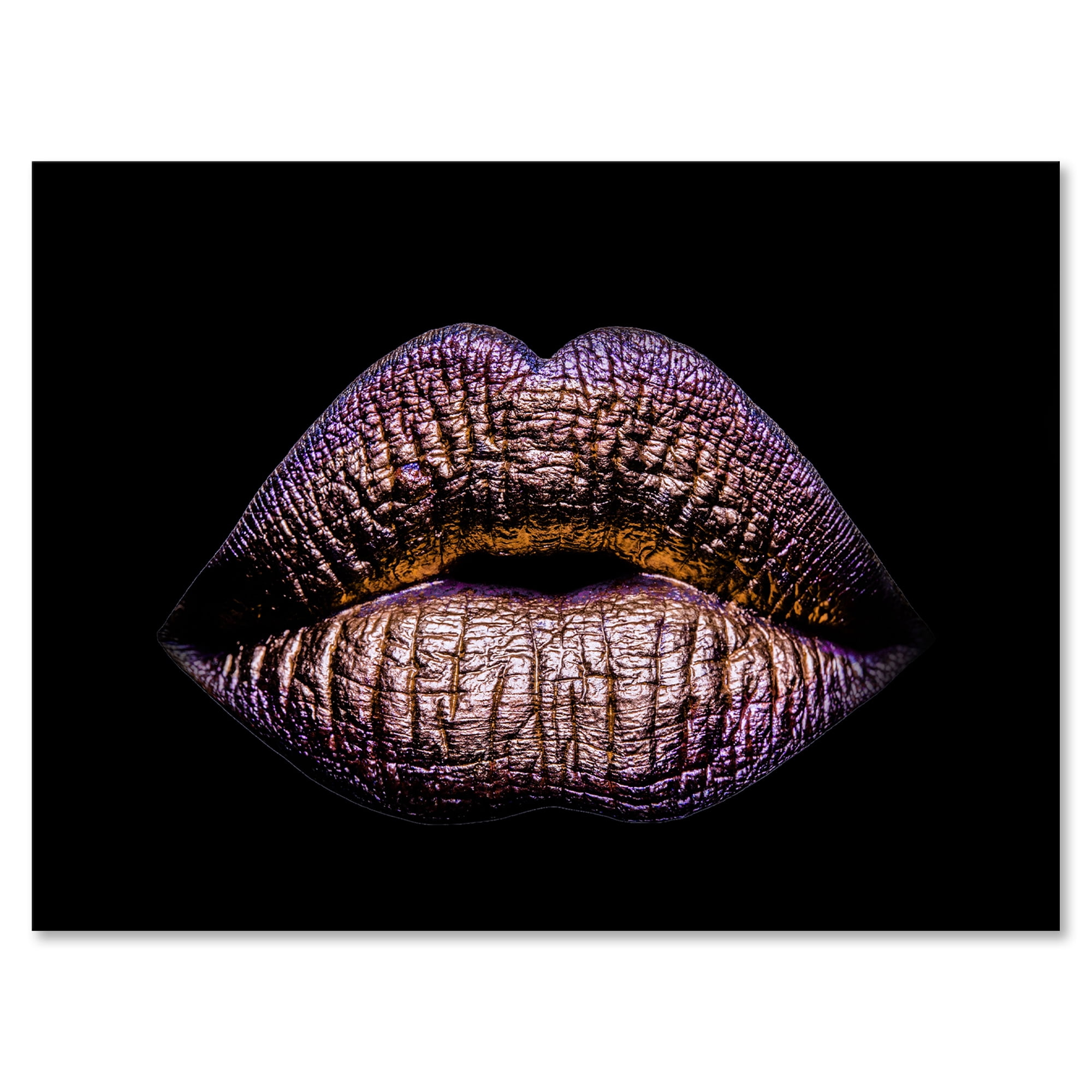 Designart ' Sexy Golden Metallized Woman Lips V ' Modern Canvas Wall Art Print