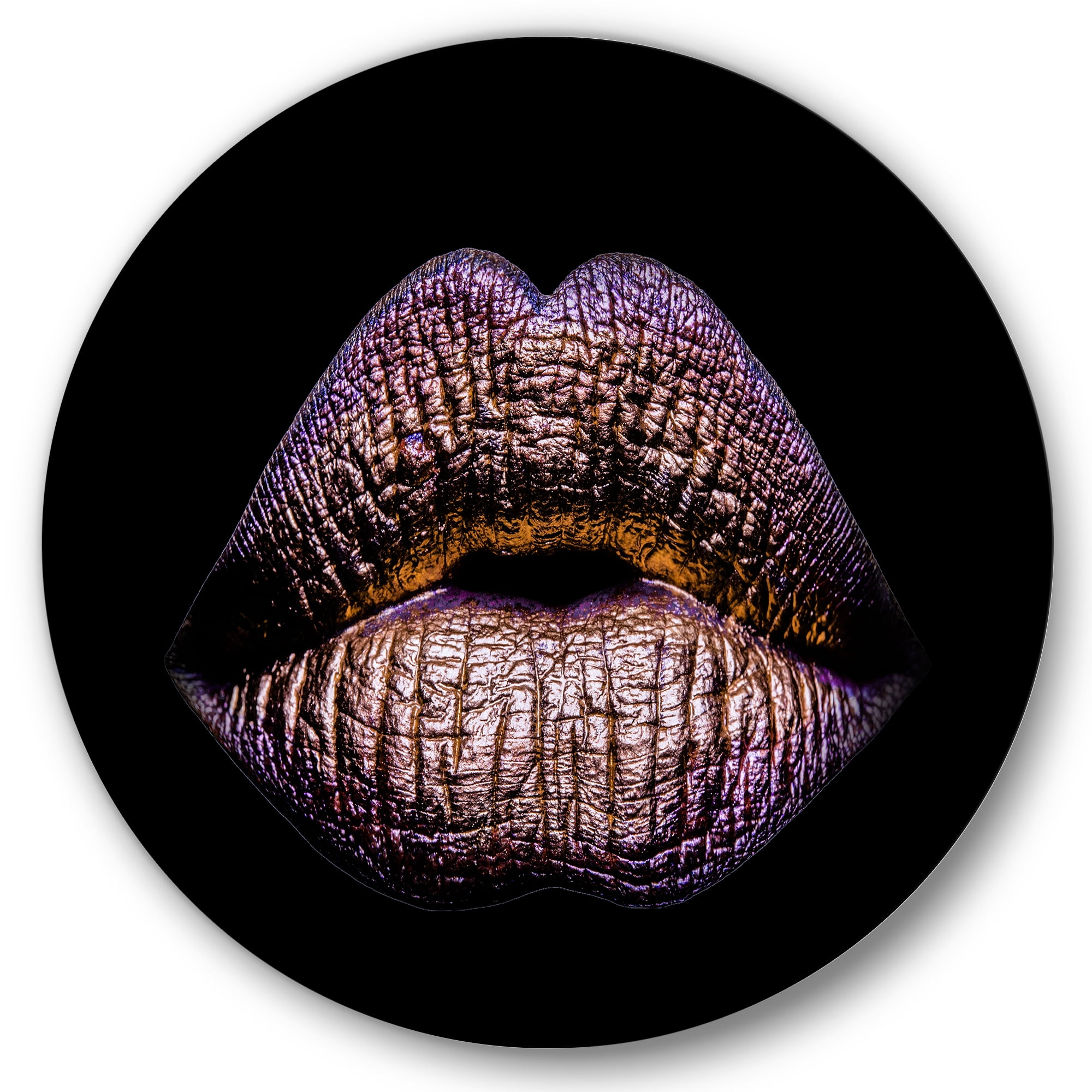 Designart 'Sexy Golden Metallized Woman Lips V' Modern Circle Metal Wall Art 11x11 - Disc of 11