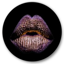 Designart 'Sexy Golden Metallized Woman Lips V' Modern Circle Metal Wall Art 36x36 - Disc of 36