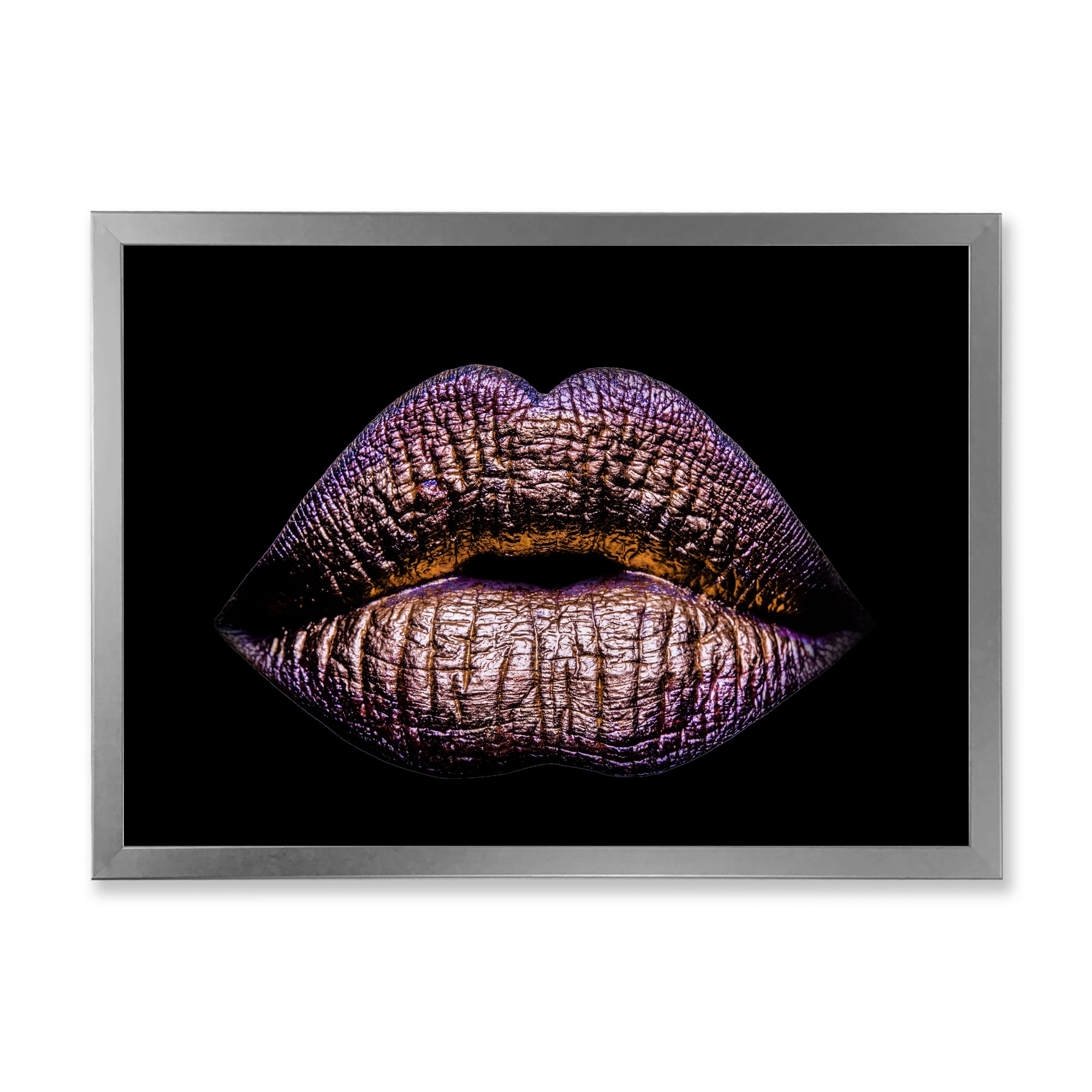 Designart 'Sexy Golden Metallized Woman Lips V' Modern Framed Art Print