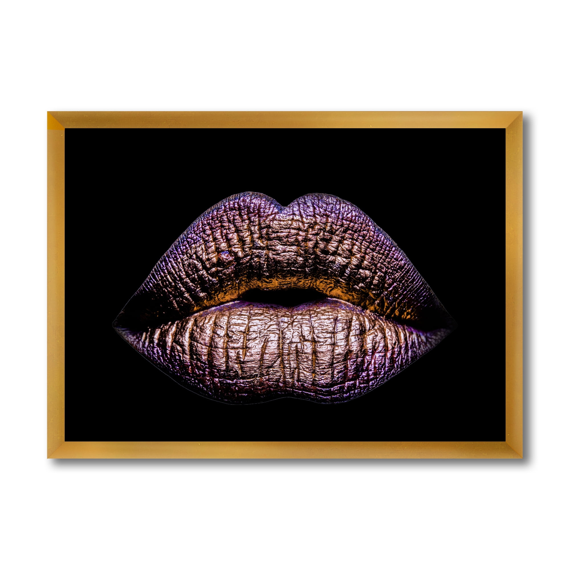 Designart 'Sexy Golden Metallized Woman Lips V' Modern Framed Art Print