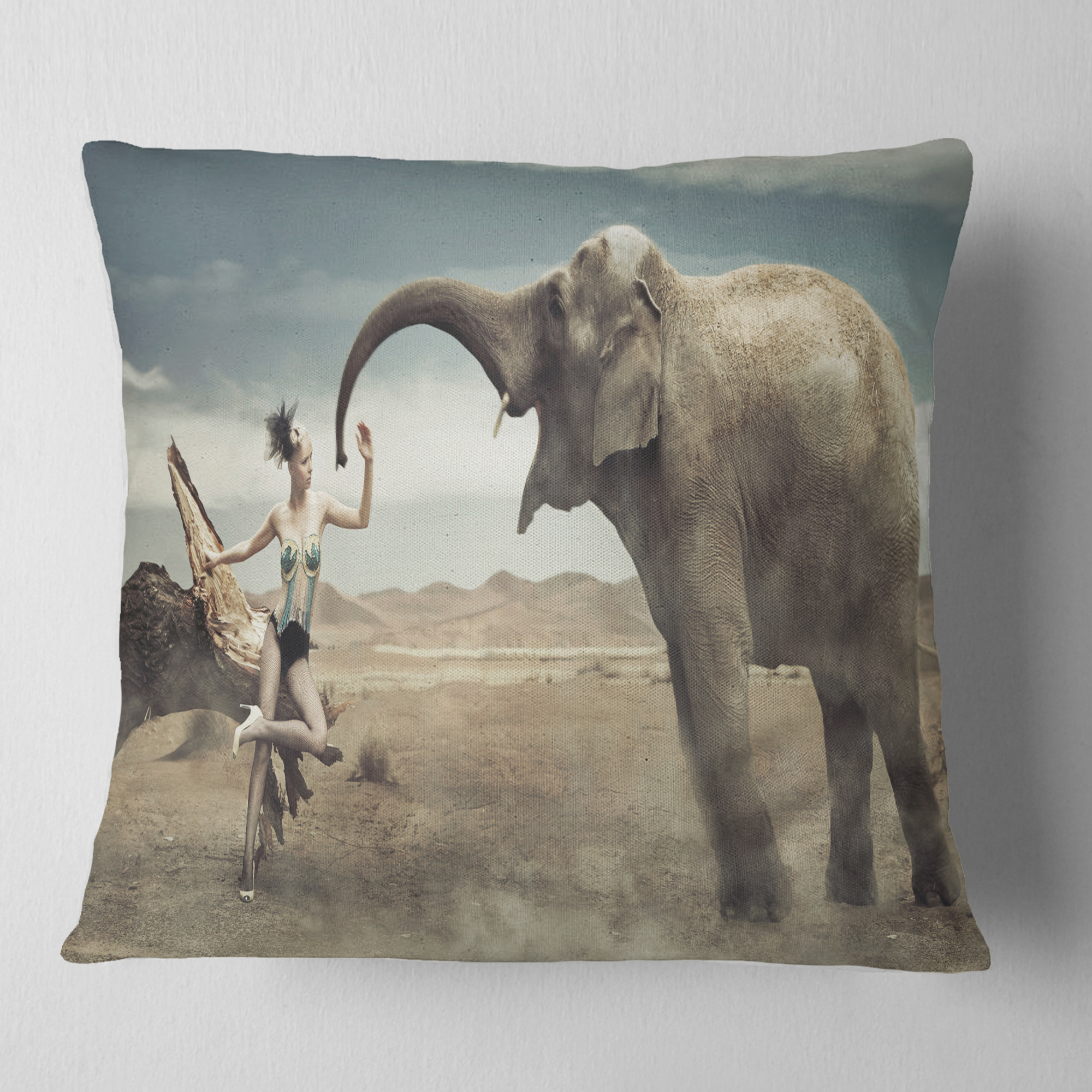 Designart Sexy Lady with Elephant - Animal Throw Pillow - 16x16