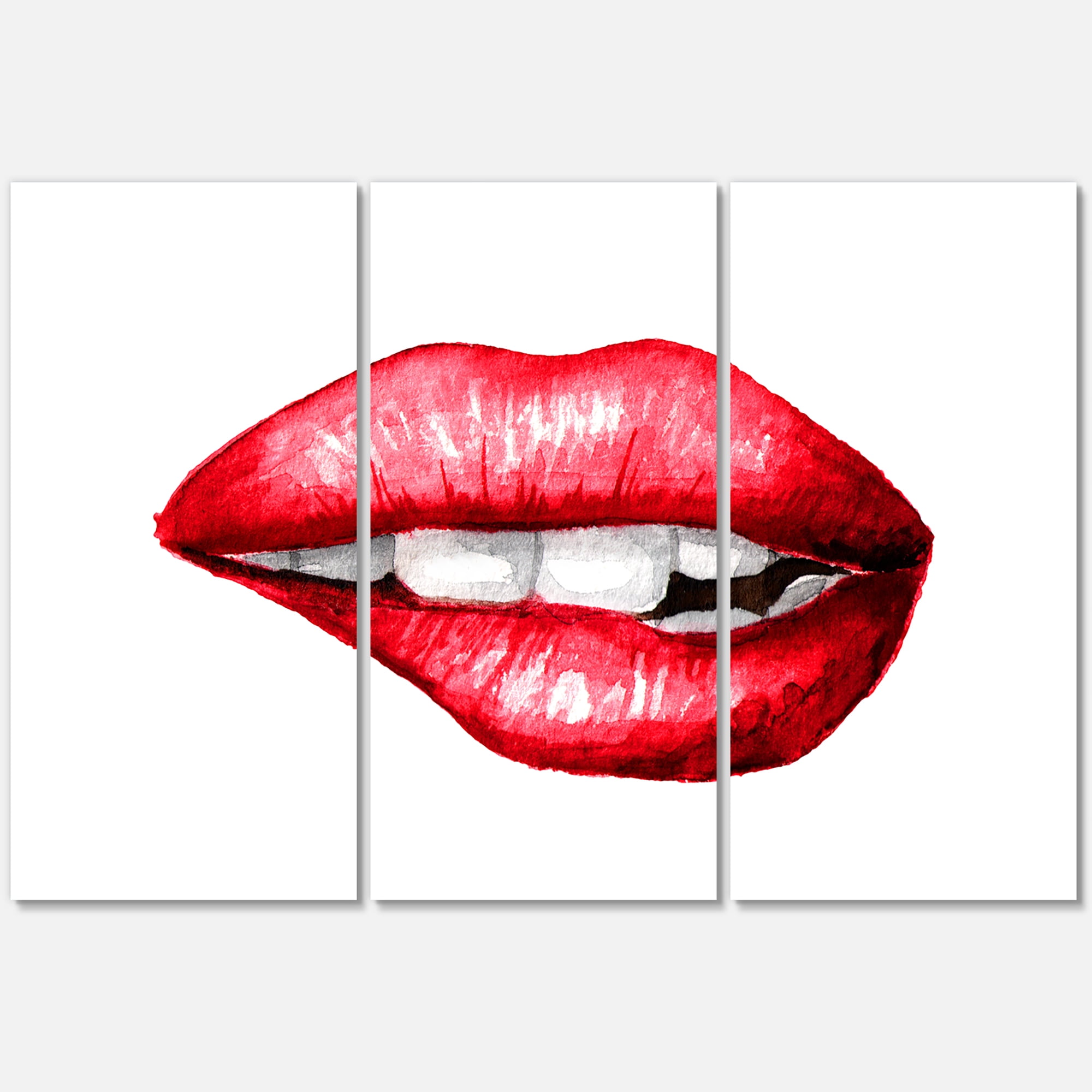 Designart ' Sexy Plump Puffy Girl Lips Biting ' Modern Canvas Wall Art Print