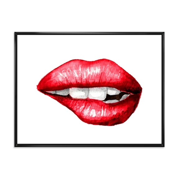 Designart 'Sexy Plump Puffy Girl Lips Biting' Modern Framed Canvas Wall Art Print
