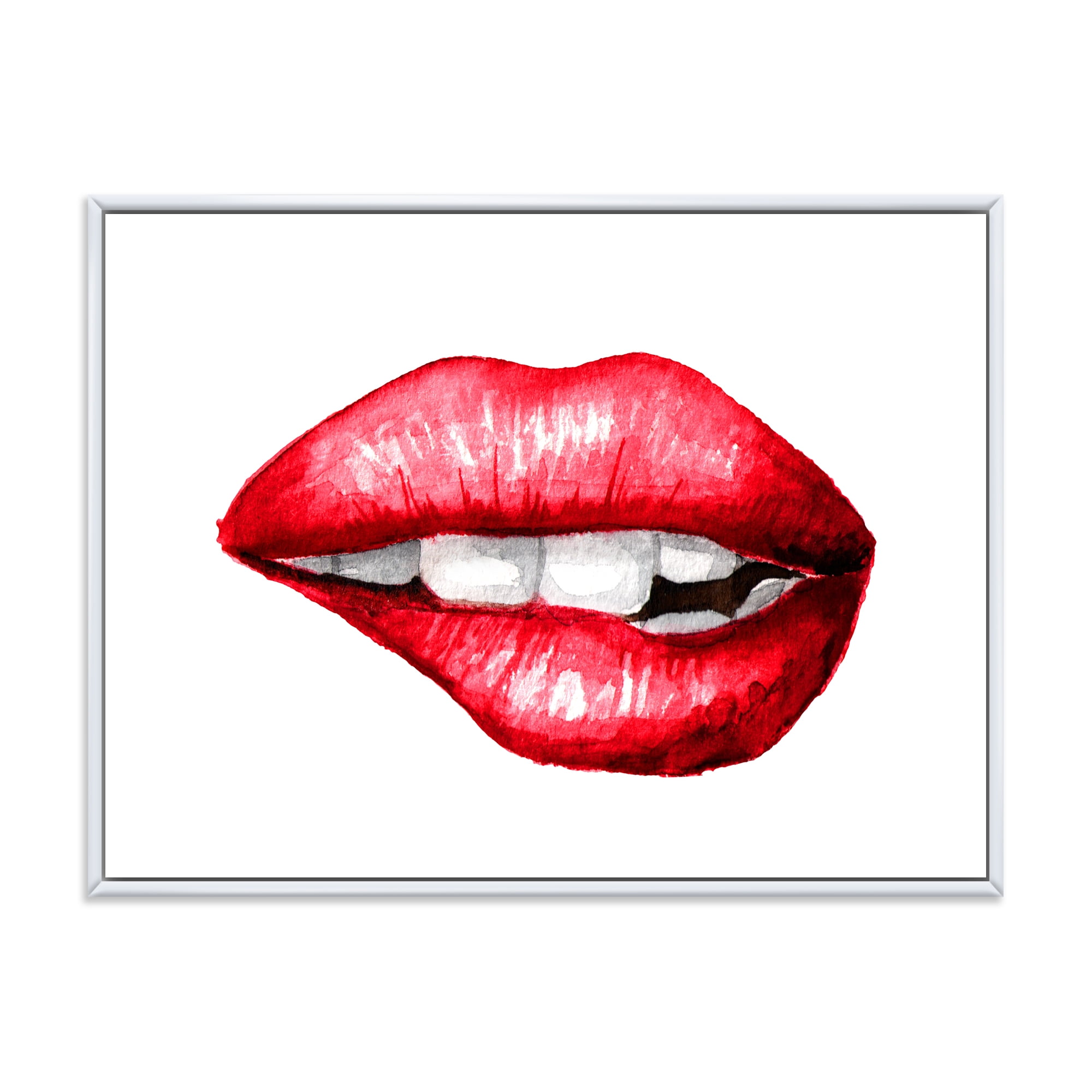 Designart 'Sexy Plump Puffy Girl Lips Biting' Modern Framed Canvas Wall Art Print
