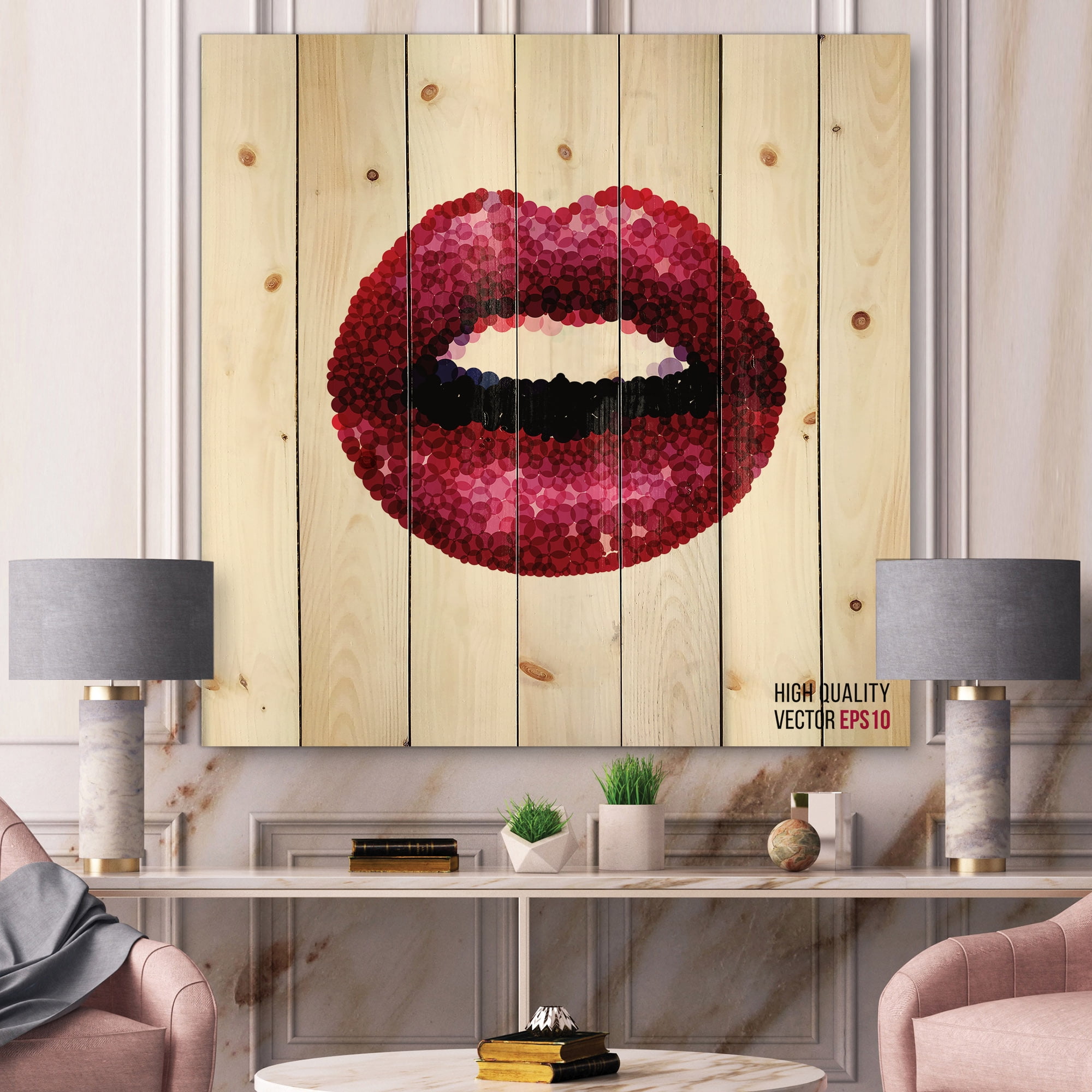 Designart 'Sexy Red Girl Lips' Modern Print on Natural Pine Wood