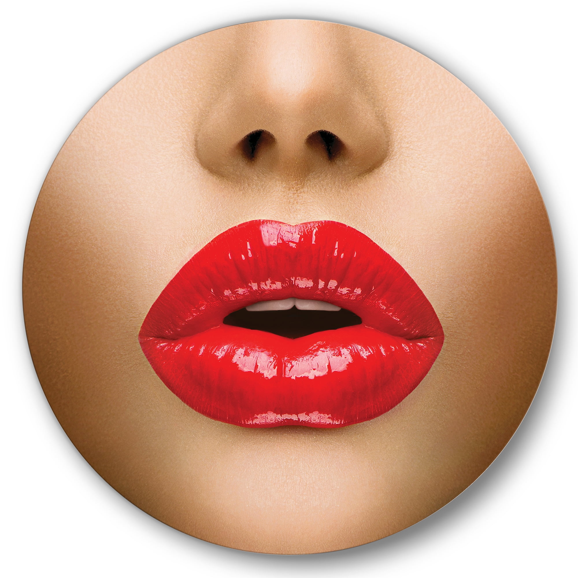 Designart 'Sexy Woman Lips Beautiful Make-Up Close-Up Kiss' Modern Circle Metal Wall Art 23x23 - Disc of 23
