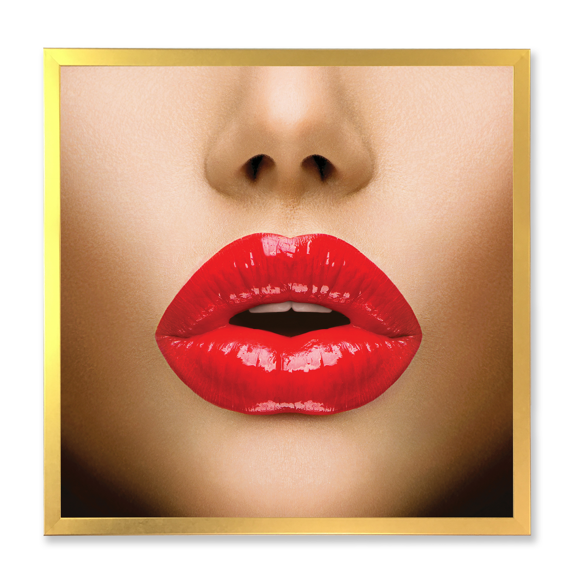 Designart 'Sexy Woman Lips Beautiful Make-Up Close-Up Kiss' Modern Framed Art Print