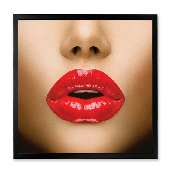 Designart 'Sexy Woman Lips Beautiful Make-Up Close-Up Kiss' Modern Framed Art Print
