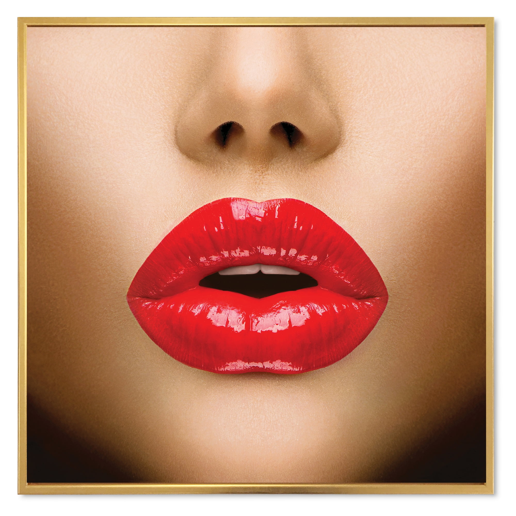 Designart 'Sexy Woman Lips Beautiful Make-Up Close-Up Kiss' Modern Framed Canvas Wall Art Print