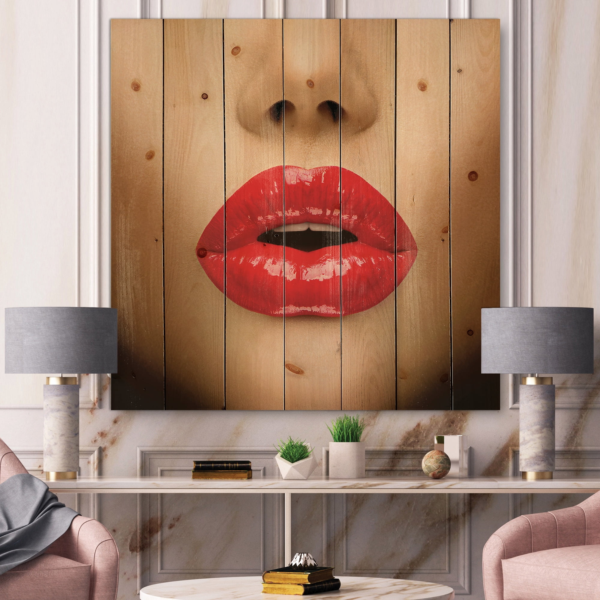 Designart 'Sexy Woman Lips Beautiful Make-Up Close-Up Kiss' Modern Print on Natural Pine Wood