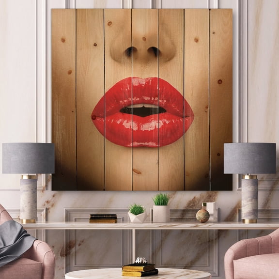 Designart 'Sexy Woman Lips Beautiful Make-Up Close-Up Kiss' Modern Print on Natural Pine Wood