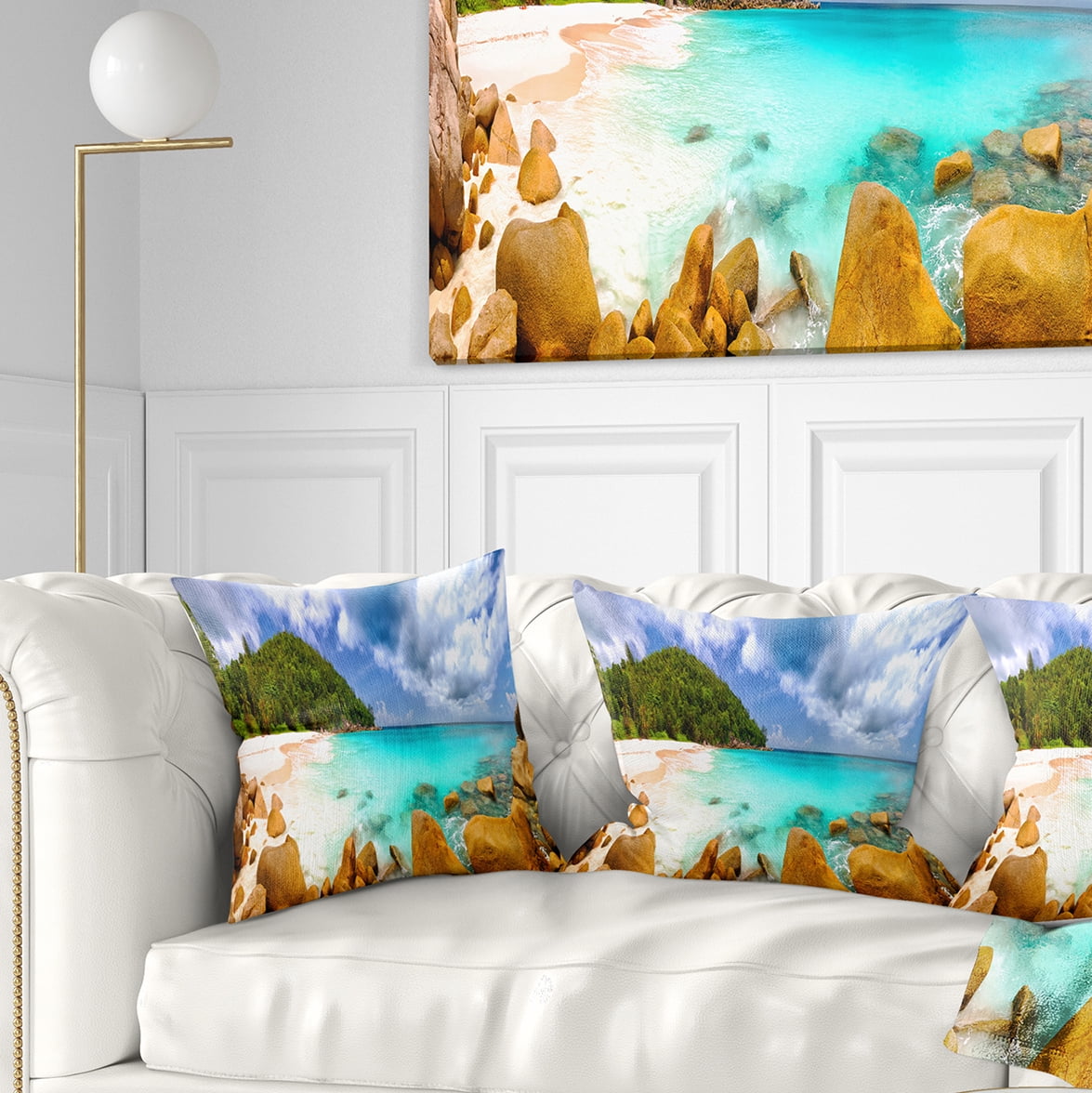 Designart Seychelles Beach Panorama - Seascape Photography Throw Pillow - 16x16
