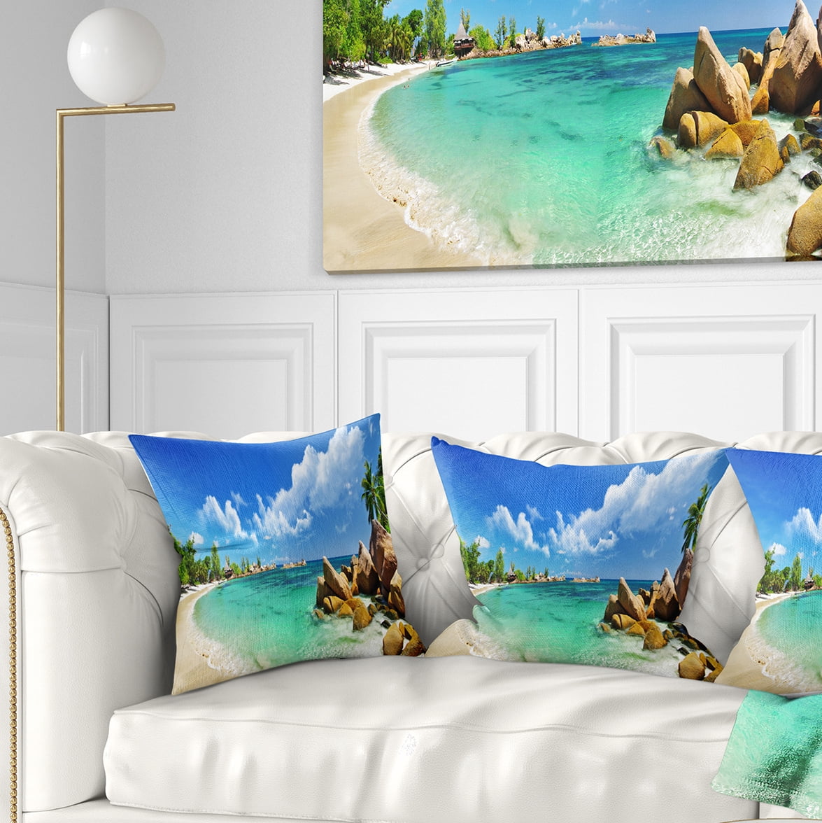 Designart Seychelles Islands Panorama - Landscape Photography Throw Pillow - 18x18