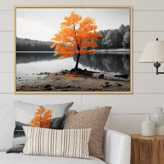 Designart "Shades Of Gray on an Orange Lake" Lake House Cottage Floater Framed Wall Art Living Room