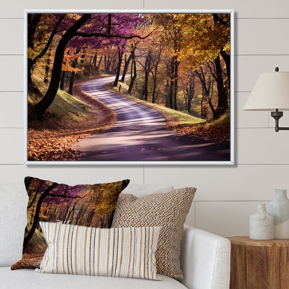 Designart "Shades of Purple Pathway into the Forest III" Landscapes Framed Wall Art - Modern Purple Road Entryway Framed Wall Art