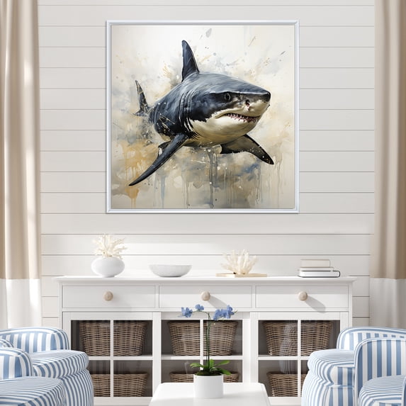 Designart "Shadows of Grey Sharks I" Animals Framed Wall Art - Black Coastal Animal Living Room Framed Canvas Art