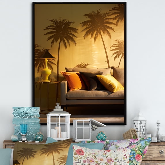 Designart "Shadowy Palms In The Golden Grove II" Palms & Palm Trees Floater Framed Canvas Wall Art