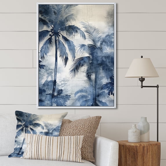 Designart "Shadowy Vintage Blue Palm Trees" Palms & Palm Trees Floater Framed Wall Decor