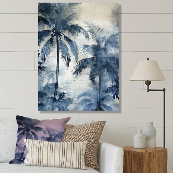 Designart "Shadowy Vintage Blue Palm Trees" Palms & Palm Trees Wall Decor
