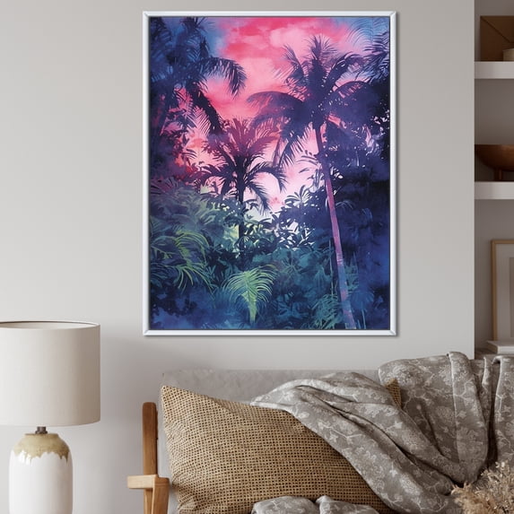 Designart "Shadowy Vintage Pink Palm Trees IV" Palms & Palm Trees Floater Framed Canvas Prints