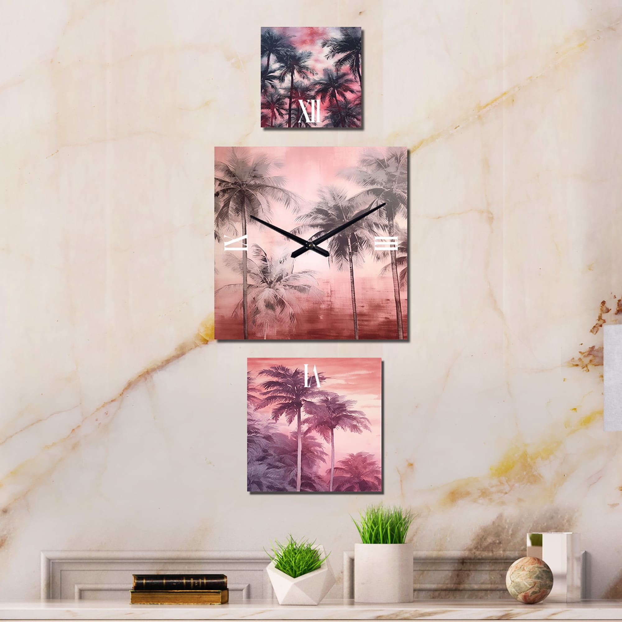 Oversized Pink and Black Aluminum Palm Tree Wall Clock Set