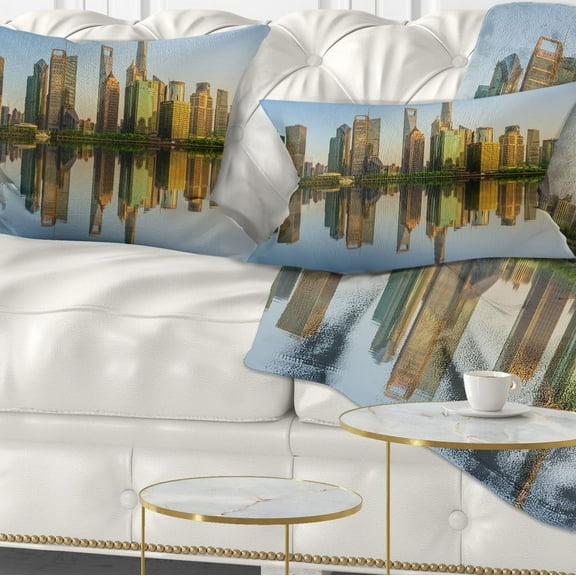 Designart Shanghai Huangpu River at Sunset - Cityscape Throw Pillow - 12x20