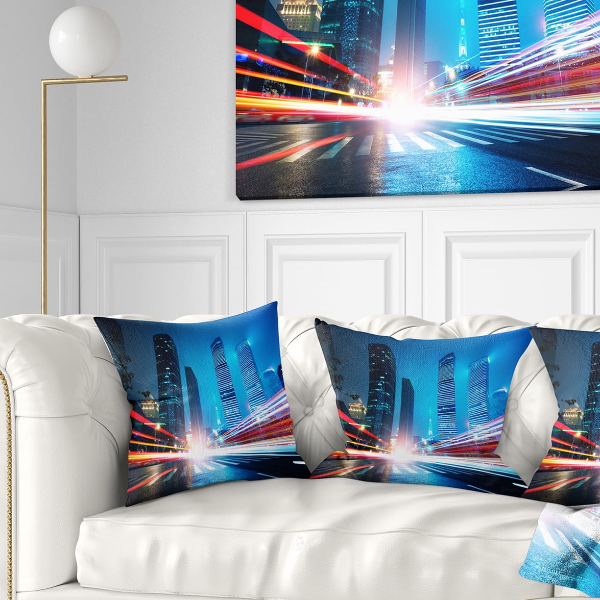 Designart Shanghai Lujiazui Finance at Night - Cityscape Throw Pillow - 18x18