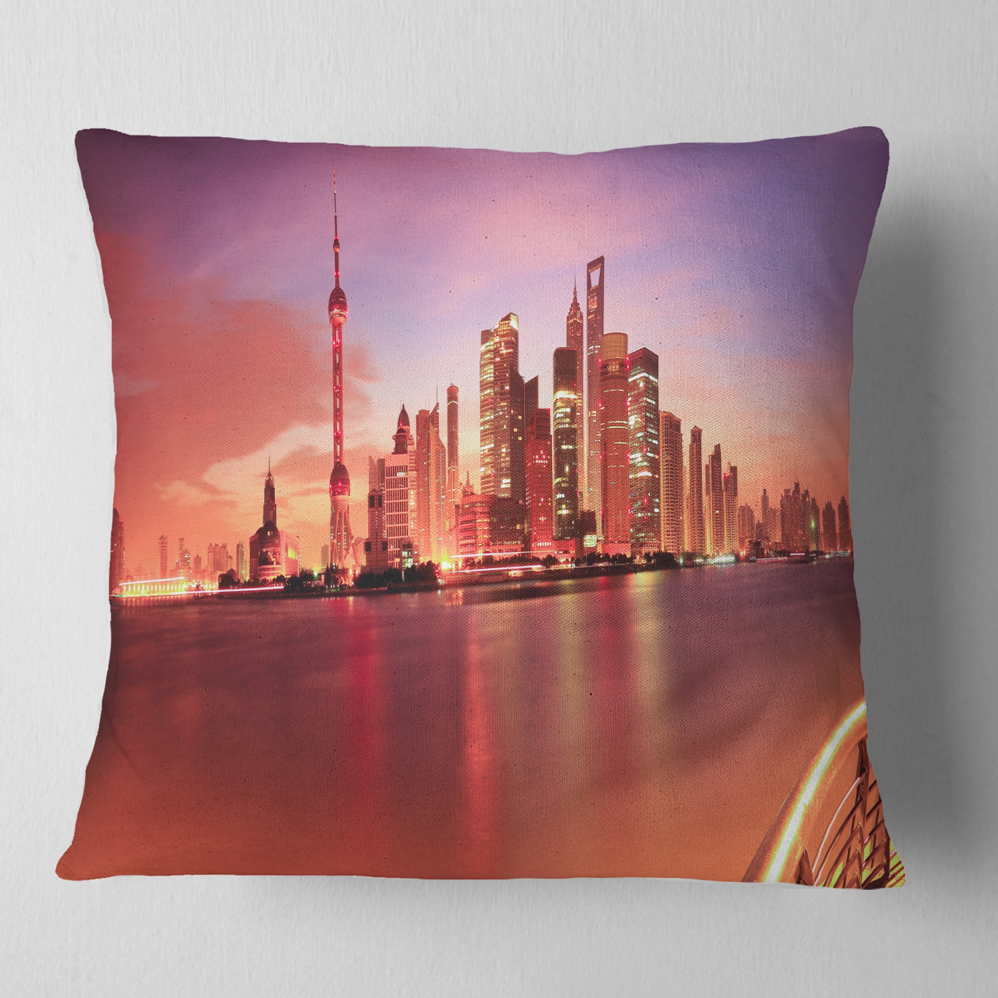 Designart Shanghai Skyline at Dawn Panorama - Cityscape Throw Pillow - 18x18