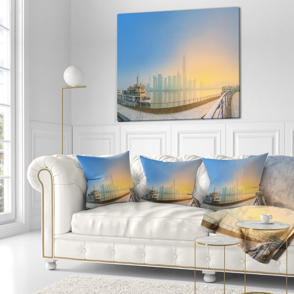 Designart Shanghais Night with Lights - Cityscape Throw Pillow - 18x18