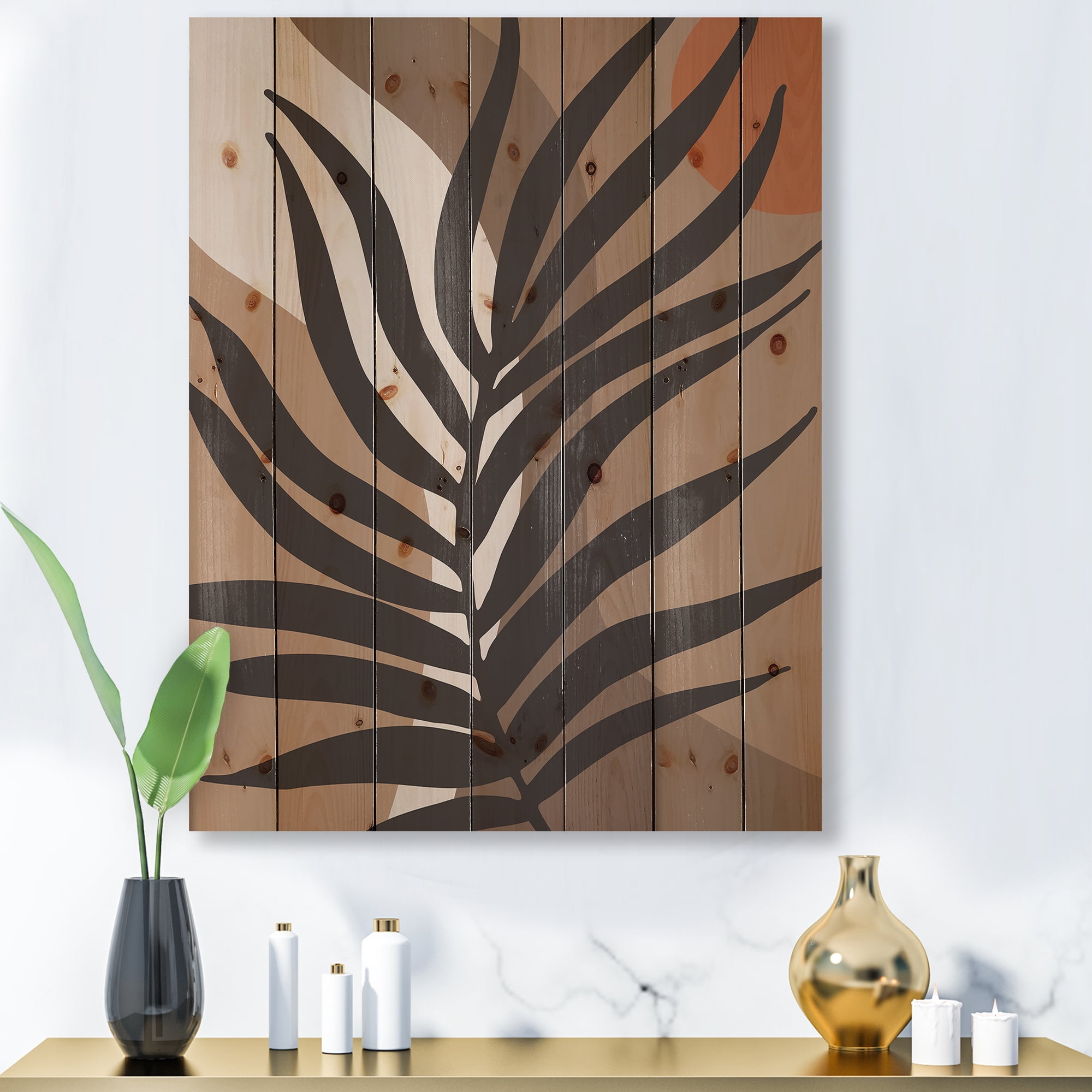 Designart 'Shapes and Tropical Leaf Silhouettes II' Modern Print on Natural Pine Wood