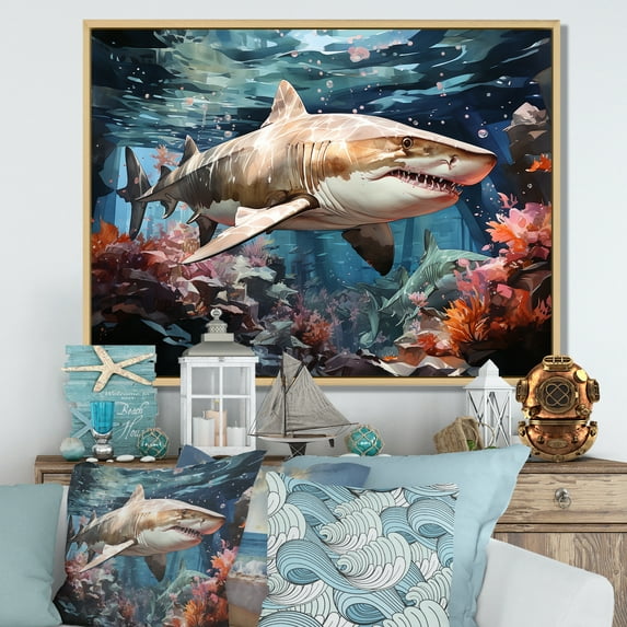 Designart "Sharks Of The Abyss Portrait I" Coastal Coral Under Water Floater Framed Wall Art Living Room