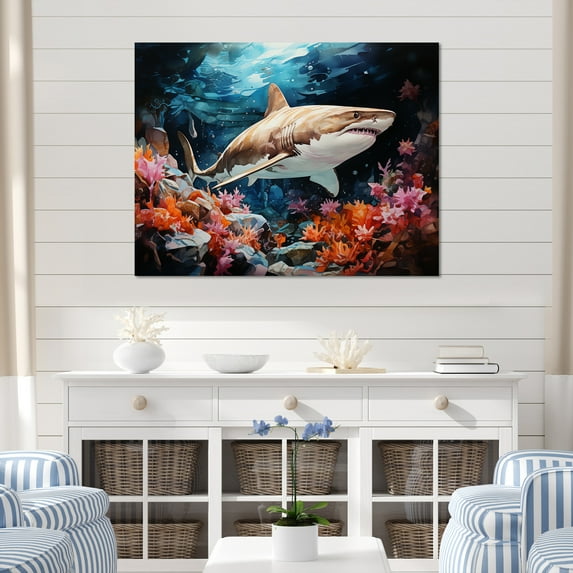 Designart "Sharks Of The Abyss Portrait III" Coastal Coral Under Water Canvas Prints