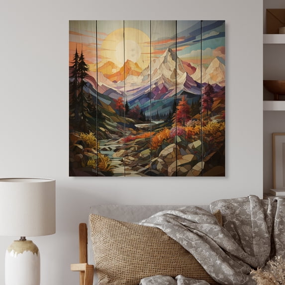 Designart "Sharp Peaks The Colorful Mountains I" Abstract Print on Natural Pine Wood