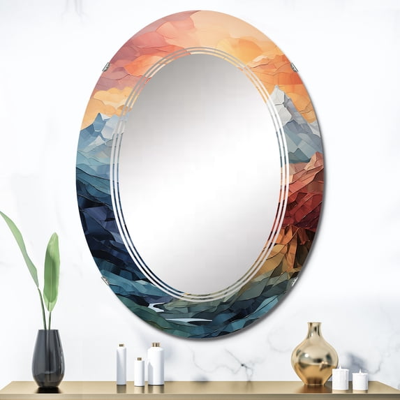 Designart "Sharp Peaks The Colorful Mountains III" Cottage Round Wall Mirror - Landscapes Oval Printed Decorative Oversized Mirror - Multiple Color Options